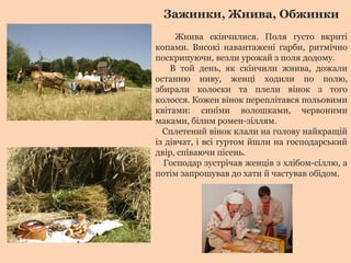 Зажинки, Жнива, Обжинки
Жнива скінчилися. Поля густо вкриті
копами. Високі навантажені гарби, ритмічно
поскрипуючи, везли урожай з поля додому.
В той день, як скінчили жнива, дожали
останню ниву, женці ходили по полю,
збирали колоски та плели вінок з того
колосся. Кожен вінок переплітався польовими
квітами: синіми волошками, червоними
маками, білим ромен-зіллям.
Сплетений вінок клали на голову найкращій
із дівчат, і всі гуртом йшли на господарський
двір, співаючи пісень.
Господар зустрічав женців з хлібом-сіллю, а
потім запрошував до хати й частував обідом.
 