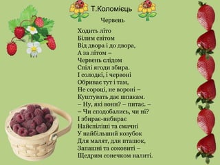 Т.Коломієць
Червень
Ходить літо
Білим світом
Від двора і до двора,
А за літом –
Червень слідом
Спілі ягоди збира.
І солодкі, і червоні
Обриває тут і там,
Не сороці, не вороні –
Куштувать дає шпакам.
– Ну, які вони? – питає. –
– Чи сподобались, чи ні?
І збирає-вибирає
Найспіліші та смачні
У найбільший козубок
Для малят, для пташок,
Запашні та соковиті –
Щедрим сонечком налиті.
 