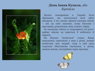 День Івана Купала, або 
Купайла 
Досить поширеним в Україні було 
вірування, що купальської ночі цвіте 
папороть. І хто зможе зірвати вогняну квітку 
– все на світі знатиме, стане багатим і 
щасливим, розумітиме мову птахів і звірів. 
За легендою, квітку ту охороняють злі духи і 
майже нікому не вдається її побачити й 
зірвати. 
На Купала “купається” сонце. Якщо 
викупатись одночасно з ним у річці, можна 
позбутися всіх хвороб, тому в цей день 
годилося обов’язково скупатися, а дітям, 
замість вогню, пострибати через кропиву. 
 