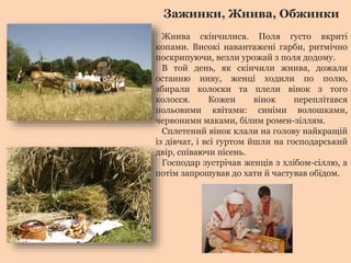 Зажинки, Жнива, Обжинки 
Жнива скінчилися. Поля густо вкриті 
копами. Високі навантажені гарби, ритмічно 
поскрипуючи, везли урожай з поля додому. 
В той день, як скінчили жнива, дожали 
останню ниву, женці ходили по полю, 
збирали колоски та плели вінок з того 
колосся. Кожен вінок переплітався 
польовими квітами: синіми волошками, 
червоними маками, білим ромен-зіллям. 
Сплетений вінок клали на голову найкращій 
із дівчат, і всі гуртом йшли на господарський 
двір, співаючи пісень. 
Господар зустрічав женців з хлібом-сіллю, а 
потім запрошував до хати й частував обідом. 
 