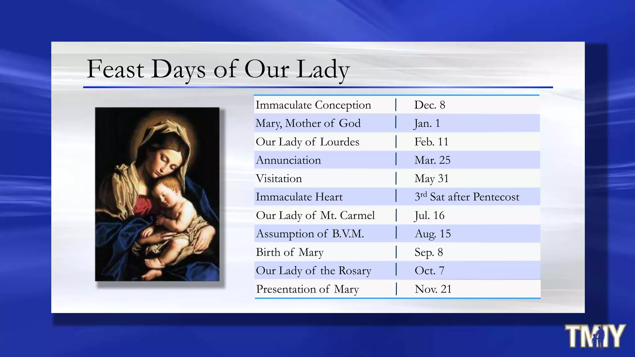 Presentation of Mary Nov. 21
Immaculate Conception Dec. 8
Mary, Mother of God Jan. 1
Our Lady of Lourdes Feb. 11
Annunciation Mar. 25
Visitation May 31
Immaculate Heart 3rd Sat after Pentecost
Our Lady of Mt. Carmel Jul. 16
Assumption of B.V.M. Aug. 15
Birth of Mary Sep. 8
Our Lady of the Rosary Oct. 7
Feast Days of Our Lady
 