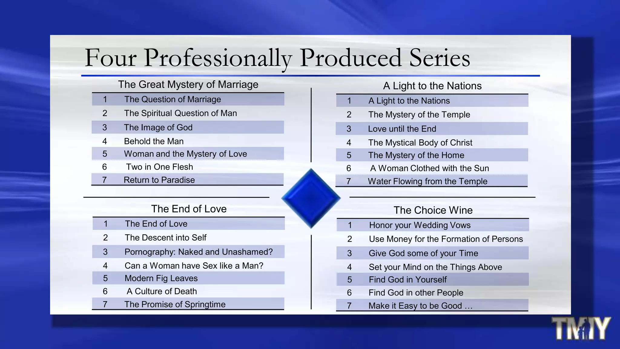 Four Professionally Produced Series
1 The Question of Marriage
2 The Spiritual Question of Man
3 The Image of God
4 Behold the Man
5 Woman and the Mystery of Love
6 Two in One Flesh
7 Return to Paradise
The Great Mystery of Marriage
1 A Light to the Nations
2 The Mystery of the Temple
3 Love until the End
4 The Mystical Body of Christ
5 The Mystery of the Home
6 A Woman Clothed with the Sun
7 Water Flowing from the Temple
A Light to the Nations
1 The End of Love
2 The Descent into Self
3 Pornography: Naked and Unashamed?
4 Can a Woman have Sex like a Man?
5 Modern Fig Leaves
6 A Culture of Death
7 The Promise of Springtime
The End of Love
1 Honor your Wedding Vows
2 Use Money for the Formation of Persons
3 Give God some of your Time
4 Set your Mind on the Things Above
5 Find God in Yourself
6 Find God in other People
7 Make it Easy to be Good …
The Choice Wine
 