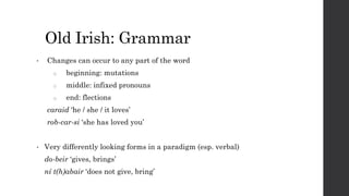 Old Irish: Grammar
• Changes can occur to any part of the word
o beginning: mutations
o middle: infixed pronouns
o end: flections
caraid ‘he / she / it loves’
rob-car-si ‘she has loved you’
• Very differently looking forms in a paradigm (esp. verbal)
do-beir ‘gives, brings’
ní t(h)abair ‘does not give, bring’
 