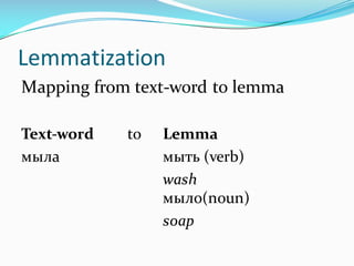 Lemmatization
Mapping from text-word to lemma
Text-word to Lemma
мыла мыть (verb)
wash
мыло(noun)
soap
 
