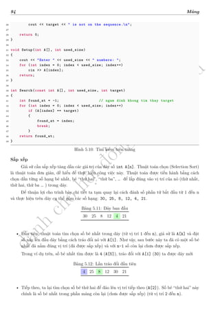 d
à
n
h
c
h
o
h
ộ
i
đ
ồ
n
g
n
g
h
i
ệ
m
t
h
u
94 Mảng
26 cout << target << " is not on the sequence.n";
27
28 return 0;
29 }
30
31 void Setup(int A[], int used_size)
32 {
33 cout << "Enter " << used_size << " numbers: ";
34 for (int index = 0; index < used_size; index++)
35 cin >> A[index];
36 return;
37 }
38
39 int Search(const int A[], int used_size , int target)
40 {
41 int found_at = -1; // ngam dinh khong tim thay target
42 for (int index = 0; index < used_size; index++)
43 if (A[index] == target)
44 {
45 found_at = index;
46 break;
47 }
48 return found_at;
49 }
Hình 5.10: Tìm kiếm trên mảng
Sắp xếp
Giả sử cần sắp xếp tăng dần các giá trị của dãy số int A[n]. Thuật toán chọn (Selection Sort)
là thuật toán đơn giản, dễ hiểu để thực hiện công việc này. Thuật toán được tiến hành bằng cách
chọn dần từng số hạng bé nhất, bé “thứ hai”, “thứ ba”, … để lắp đúng vào vị trí của nó (thứ nhất,
thứ hai, thứ ba … ) trong dãy.
Để thuận lợi cho trình bày chi tiết ta tạm quay lại cách đánh số phần tử bắt đầu từ 1 đến n
và thực hiện trên dãy cụ thể gồm các số hạng: 30, 25, 8, 12, 4, 21.
Bảng 5.11: Dãy ban đầu
30 25 8 12 4 21
• Đầu tiên, thuật toán tìm chọn số bé nhất trong dãy (từ vị trí 1 đến n), giả sử là A[k] và đặt
số này lên đầu dãy bằng cách tráo đổi nó với A[1]. Như vậy, sau bước này ta đã có một số bé
nhất đã nằm đúng vị trí (đã được sắp xếp) và với n–1 số còn lại chưa được sắp xếp.
Trong ví dụ trên, số bé nhất tìm được là 4 (A[5]), tráo đổi với A[1] (30) ta được dãy mới
Bảng 5.12: Lần tráo đổi đầu tiên
4 25 8 12 30 21
• Tiếp theo, ta lại tìm chọn số bé thứ hai để đảo lên vị trí tiếp theo (A[2]). Số bé “thứ hai” này
chính là số bé nhất trong phần mảng còn lại (chưa được sắp xếp) (từ vị trí 2 đến n).
 