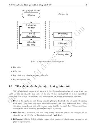 d
à
n
h
c
h
o
h
ộ
i
đ
ồ
n
g
n
g
h
i
ệ
m
t
h
u
1.2 Tiêu chuẩn đánh giá một chương trình tốt 3
toán là do chính chúng ta làm. Chương trình C++ được kiểm thử bằng cách dịch
nó và chạy nó với một số bộ dữ liệu đầu vào. Trình biên dịch sẽ cho thông báo
lỗi với một số loại lỗi cụ thể nào đó.
Định nghĩa
bài toán
Pha giải quyết bài toán
Thiết kế
thuật toán
Kiểm thử
thủ công
Dịch sang
C++
Kiểm thử
Bắt đầu
Chương trình
Pha thực thi
Hình 1.2: Quá trình thiết kế chương trình
1.1.3 Chu kỳ phát triển phần mềm
Thiết kế hệ thống phần mềm lớn như trình biên dịch hoặc hệ điều hành thường
chia qui trình phát triển phần mềm thành sáu pha được biết như là chu kỳ phát
triển phần mềm. Sáu pha đó như sau:
1. Phân tích và đặc tả bài toán (định nghĩa bài toán)
2. Thiết kế phần mềm (thiết kế thuật toán và đối tượng)
3. Lập trình
4. Kiểm thử
5. Bảo trì và nâng cấp của hệ thống phần mềm
6. Hủy không dùng nữa
Hình 1.2: Quá trình thiết kế chương trình
3. Lập trình
4. Kiểm thử
5. Bảo trì và nâng cấp của hệ thống phần mềm
6. Hủy không dùng nữa
1.2 Tiêu chuẩn đánh giá một chương trình tốt
Như thế nào là môt chương trình tốt có lẽ là chủ đề tranh luận chưa bao giờ nguội từ khi con
người bắt đầu lập trình cho máy tính. Có thể nói, viết một chương trình tốt là một nghệ thuật
nhưng qua kinh nghiệm của chúng tôi, một chương trình tốt thường có những đặc điểm sau:
1. Dễ đọc: Mã nguồn của một chương trình tốt phải giúp lập trình viên (cả người viết chương
trình, người trong nhóm, hoặc người bảo trì chương trình) đọc chúng một cách dễ dàng. Luồng
điều khiển trong chương trình phải rõ ràng, không làm khó cho người đọc. Nói mội cách khác,
chương trình tốt có khả năng giao tiếp với người đọc chúng.
2. Dễ kiểm tra: Các mô-đun, các hàm trong chương trình được viết sao cho chúng có thể dễ
dàng đặt vào các bộ kiểm tra đơn vị chương trình (unit test).
3. Dễ bảo trì: Khi sửa lỗi hoặc cải tiến chương trình, thường chỉ cần tác động vào một vài bộ
phận trong mã nguồn.
 