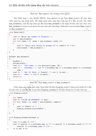 d
à
n
h
c
h
o
h
ộ
i
đ
ồ
n
g
n
g
h
i
ệ
m
t
h
u
6.1 Kiểu dữ liệu trừu tượng bằng cấu trúc (struct) 129
Hình 6.6: Hàm main() của chương trình QLSV.
Nếu NSD chọn 1 trên MAIN MENU, hàm main() sẽ gọi hàm Make_List() để thực hiện
chức năng tạo lập danh sách. Để nhập danh sách, hàm lập vòng lặp từ 1 đến số sinh viên (biến
num_students), mỗi lần lặp hàm gọi đến hàm New_student() để nhập dữ liệu cho một sinh viên.
New_student() có giá trị trả lại là cấu trúc sinh viên vừa nhập. Dưới đây là mã của hàm Make_List()
và New_student().
1 void Make_List()
2 {
3 cout << "Enter the number of students: ";
4 cin >> num_students;
5 for (int index = 0; index < num_students; index ++)
6 {
7 cout << "Enter data values of student #" << index+1 << ":n";
8 List[index] = New_student() ;
9 }
10 }
11
12 Student New_Student()
13 {
14 Student x ;
15 fflush(stdin) ;
16 cout << " Full name: "; cin.getline(x.name, 30) ;
17 cout << " Birthday: "; cin >> x.birthday.day >> x.birthday.month >> x.birthday
.year ;
18 cout << " Sex (0: Male, 1: Female): "; cin >> (x.sex) ;
19 cout << " Mark: "; cin >> (x.mark) ;
20 return x;
21 }
Hình 6.7: Hàm Make_List() và New_student().
Chức năng xem danh sách được thực hiện bởi hàm Display_List() bằng cách duyệt từ 1 đến
số sinh viên và mỗi lần lặp sẽ gọi hàm Display_student() để hiện thông tin về sinh viên này.
1 void Display_List()
2 {
3 int index;
4 cout << "nLIST OF STUDENTS" << endl ;
5 for (int index = 0; index < num_students; index++)
6 {
7 cout << index+1 << ". " ;
8 Display_student(List[index]) ;
9 }
10 }
11
12 void Display_Student(Student x)
13 {
14 cout << x.name << "t" ;
15 cout << setw(2) << x.birthday.day << "/" << setw(2) << x.birthday.month << "/" <<
setw(2) << x.birthday.year << "t" ;
16 if (x.sex == 0)
 