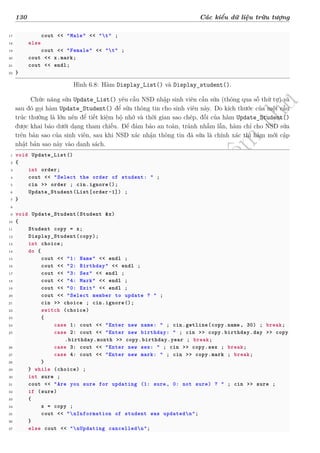 d
à
n
h
c
h
o
h
ộ
i
đ
ồ
n
g
n
g
h
i
ệ
m
t
h
u
130 Các kiểu dữ liệu trừu tượng
17 cout << "Male" << "t" ;
18 else
19 cout << "Female" << "t" ;
20 cout << x.mark;
21 cout << endl;
22 }
Hình 6.8: Hàm Display_List() và Display_student().
Chức năng sửa Update_List() yêu cầu NSD nhập sinh viên cần sửa (thông qua số thứ tự) và
sau đó gọi hàm Update_Student() để sửa thông tin cho sinh viên này. Do kích thước của một cấu
trúc thường là lớn nên để tiết kiệm bộ nhớ và thời gian sao chép, đối của hàm Update_Student()
được khai báo dưới dạng tham chiếu. Để đảm bảo an toàn, tránh nhầm lẫn, hàm chỉ cho NSD sửa
trên bản sao của sinh viên, sau khi NSD xác nhận thông tin đã sửa là chính xác thì hàm mới cập
nhật bản sao này vào danh sách.
1 void Update_List()
2 {
3 int order;
4 cout << "Select the order of student: " ;
5 cin >> order ; cin.ignore();
6 Update_Student(List[order -1]) ;
7 }
8
9 void Update_Student(Student &x)
10 {
11 Student copy = x;
12 Display_Student(copy);
13 int choice;
14 do {
15 cout << "1: Name" << endl ;
16 cout << "2: Birthday" << endl ;
17 cout << "3: Sex" << endl ;
18 cout << "4: Mark" << endl ;
19 cout << "0: Exit" << endl ;
20 cout << "Select member to update ? " ;
21 cin >> choice ; cin.ignore();
22 switch (choice)
23 {
24 case 1: cout << "Enter new name: " ; cin.getline(copy.name, 30) ; break;
25 case 2: cout << "Enter new birthday: " ; cin >> copy.birthday.day >> copy
.birthday.month >> copy.birthday.year ; break;
26 case 3: cout << "Enter new sex: " ; cin >> copy.sex ; break;
27 case 4: cout << "Enter new mark: " ; cin >> copy.mark ; break;
28 }
29 } while (choice) ;
30 int sure ;
31 cout << "Are you sure for updating (1: sure, 0: not sure) ? " ; cin >> sure ;
32 if (sure)
33 {
34 x = copy ;
35 cout << "nInformation of student was updatedn";
36 }
37 else cout << "nUpdating cancelledn";
 