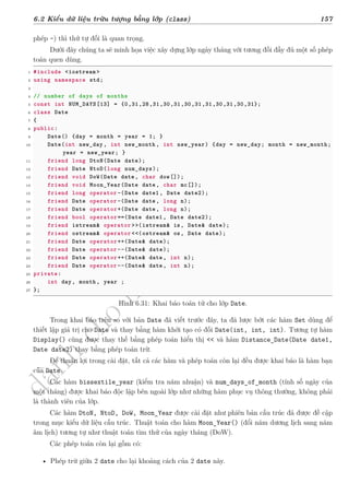 d
à
n
h
c
h
o
h
ộ
i
đ
ồ
n
g
n
g
h
i
ệ
m
t
h
u
6.2 Kiểu dữ liệu trừu tượng bằng lớp (class) 157
phép -) thì thứ tự đối là quan trọng.
Dưới đây chúng ta sẽ minh họa việc xây dựng lớp ngày tháng với tương đối đầy đủ một số phép
toán quen dùng.
1 #include <iostream >
2 using namespace std;
3
4 // number of days of months
5 const int NUM_DAYS[13] = {0,31,28,31,30,31,30,31,31,30,31,30,31};
6 class Date
7 {
8 public:
9 Date() {day = month = year = 1; }
10 Date(int new_day , int new_month , int new_year) {day = new_day; month = new_month;
year = new_year; }
11 friend long DtoN(Date date);
12 friend Date NtoD(long num_days);
13 friend void DoW(Date date, char dow[]);
14 friend void Moon_Year(Date date, char mc[]);
15 friend long operator -(Date date1, Date date2);
16 friend Date operator -(Date date, long n);
17 friend Date operator+(Date date, long n);
18 friend bool operator==(Date date1, Date date2);
19 friend istream& operator >>(istream& is, Date& date);
20 friend ostream& operator <<(ostream& os, Date date);
21 friend Date operator++(Date& date);
22 friend Date operator --(Date& date);
23 friend Date operator++(Date& date, int n);
24 friend Date operator --(Date& date, int n);
25 private:
26 int day, month, year ;
27 };
Hình 6.31: Khai báo toán tử cho lớp Date.
Trong khai báo trên so với bản Date đã viết trước đây, ta đã lược bớt các hàm Set dùng để
thiết lập giá trị cho Date và thay bằng hàm khởi tạo có đối Date(int, int, int). Tương tự hàm
Display() cũng được thay thế bằng phép toán hiển thị << và hàm Distance_Date(Date date1,
Date date2) thay bằng phép toán trừ.
Để thuận lợi trong cài đặt, tất cả các hàm và phép toán còn lại đều được khai báo là hàm bạn
của Date.
Các hàm bissextile_year (kiểm tra năm nhuận) và num_days_of_month (tính số ngày của
một tháng) được khai báo độc lập bên ngoài lớp như những hàm phục vụ thông thường, không phải
là thành viên của lớp.
Các hàm DtoN, NtoD, DoW, Moon_Year được cài đặt như phiên bản cấu trúc đã được đề cập
trong mục kiểu dữ liệu cấu trúc. Thuật toán cho hàm Moon_Year() (đổi năm dương lịch sang năm
âm lịch) tương tự như thuật toán tìm thứ của ngày tháng (DoW).
Các phép toán còn lại gồm có:
• Phép trừ giữa 2 date cho lại khoảng cách của 2 date này.
 