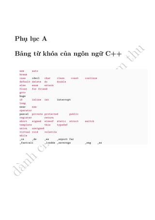 d
à
n
h
c
h
o
h
ộ
i
đ
ồ
n
g
n
g
h
i
ệ
m
t
h
u
Phụ lục A
Bảng từ khóa của ngôn ngữ C++
asm auto
break
case cdecl char class const continue
default delete do double
else enum extern
float for friend
goto
huge
if inline int interrupt
long
near new
operator
pascal private protected public
register return
short signed sizeof static struct switch
template this typedef
union unsigned
virtual void volatile
while
_cs _ds _es _export far
_fastcall _loadds _saveregs _seg _ss
 