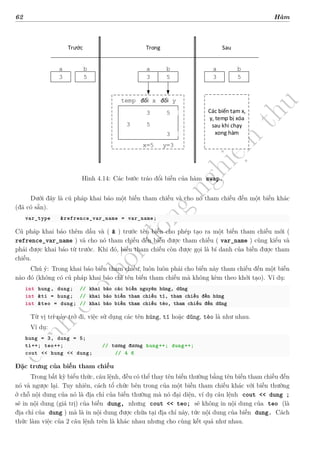 d
à
n
h
c
h
o
h
ộ
i
đ
ồ
n
g
n
g
h
i
ệ
m
t
h
u
62 Hàm
Trước Trong Sau
3
a
5
b
3
a
5
b
3 5
3 5
3
đối x đối y
temp
x=5 y=3
3
a
5
b
Các biến tạm x,
y, temp bị xóa
sau khi chạy
xong hàm
Hình 4.14: Các bước tráo đổi biến của hàm swap.
Dưới đây là cú pháp khai báo một biến tham chiếu và cho nó tham chiếu đến một biến khác
(đã có sẵn).
var_type &refrence_var_name = var_name;
Cú pháp khai báo thêm dấu và ( & ) trước tên biến cho phép tạo ra một biến tham chiếu mới (
refrence_var_name ) và cho nó tham chiếu đến biến được tham chiếu ( var_name ) cùng kiểu và
phải được khai báo từ trước. Khi đó, biến tham chiếu còn được gọi là bí danh của biến được tham
chiếu.
Chú ý: Trong khai báo biến tham chiếu, luôn luôn phải cho biến này tham chiếu đến một biến
nào đó (không có cú pháp khai báo chỉ tên biến tham chiếu mà không kèm theo khởi tạo). Ví dụ:
int hung, dung; // khai báo các biến nguyên hùng, dũng
int &ti = hung; // khai báo biến tham chiếu tí, tham chiếu đến hùng
int &teo = dung; // khai báo biến tham chiếu tèo, tham chiếu đến dũng
Từ vị trí này trở đi, việc sử dụng các tên hùng, tí hoặc dũng, tèo là như nhau.
Ví dụ:
hung = 3, dung = 5;
ti++; teo++; // tương đương hung++; dung++;
cout << hung << dung; // 4 6
Đặc trưng của biến tham chiếu
Trong bất kỳ biểu thức, câu lệnh, đều có thể thay tên biến thường bằng tên biến tham chiếu đến
nó và ngược lại. Tuy nhiên, cách tổ chức bên trong của một biến tham chiếu khác với biến thường
ở chỗ nội dung của nó là địa chỉ của biến thường mà nó đại diện, ví dụ câu lệnh cout << dung ;
sẽ in nội dung (giá trị) của biến dung, nhưng cout << teo; sẽ không in nội dung của teo (là
địa chỉ của dung ) mà là in nội dung được chứa tại địa chỉ này, tức nội dung của biến dung. Cách
thức làm việc của 2 câu lệnh trên là khác nhau nhưng cho cùng kết quả như nhau.
 