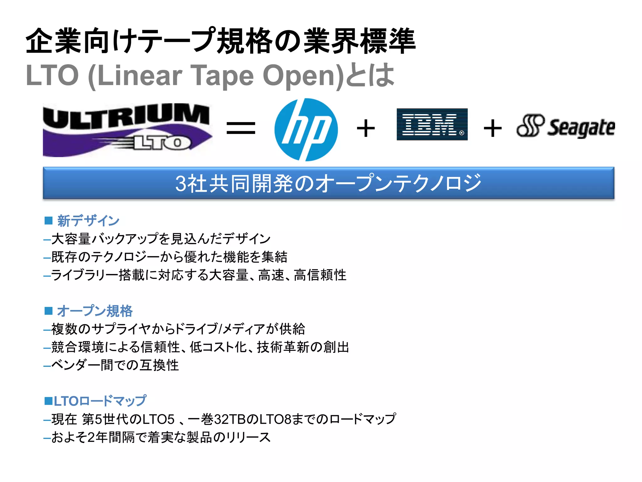 企業向けテープ規格の業界標準
LTO (Linear Tape Open)とは
                  ＝            +       +
              3社共同開発のオープンテクノロジ
  新デザイン
 –大容量バックアップを見込んだデザイン
 –既存のテクノロジーから優れた機能を集結
 –ライブラリー搭載に対応する大容量、高速、高信頼性

  オープン規格
 –複数のサプライヤからドライブ/メディアが供給
 –競合環境による信頼性、低コスト化、技術革新の創出
 –ベンダー間での互換性

 LTOロードマップ
 –現在 第5世代のLTO5 、一巻32TBのLTO8までのロードマップ
 –およそ2年間隔で着実な製品のリリース
 