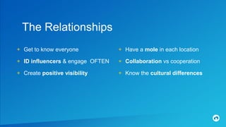 + Get to know everyone
+ ID influencers & engage OFTEN
+ Create positive visibility
The Relationships
+ Have a mole in each location
+ Collaboration vs cooperation
+ Know the cultural differences
 