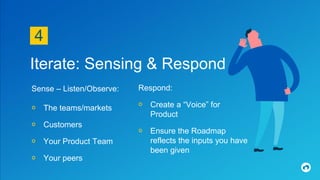 4.
Iterate: Sensing & Respond
Sense – Listen/Observe:
० The teams/markets
० Customers
० Your Product Team
० Your peers
Respond:
० Create a “Voice” for
Product
० Ensure the Roadmap
reflects the inputs you have
been given
 