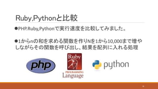 Ruby,Pythonと比較
PHP.Ruby,Pythonで実行速度を比較してみました。
1からnの和を求める関数を作りNを1から10,000まで増や
しながらその関数を呼び出し、結果を配列に入れる処理
18
 