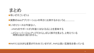 まとめ
早いぞすごいぞ7.0
実際のWebアプリケーションの早さに比例するかというと….............
5.7のリリースは今後ない。
->PHP5のサポートが3年後にはなくなることを意味する
->メジャーバージョンアップだからしばらく様子を見よう、と考えている
時間はあまりありません。
PHP7には大きな変更が行われていますが、PHP5と高い互換性を保っている
21
 