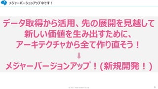 9© 2017 from scratch Co.Ltd.
メジャーバージョンアップ中です！
データ取得から活用、先の展開を見越して
新しい価値を生み出すために、
アーキテクチャから全て作り直そう！
⇓
メジャーバージョンアップ！(新規開発！)
 