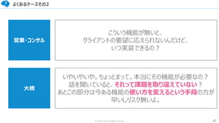 42© 2017 from scratch Co.Ltd.
よくあるケースその2
営業・コンサル
こういう機能が無いと、
クライアントの要望に応えられないんだけど、
いつ実装できるの？
大橋
いやいやいや。ちょっとまって。本当にその機能が必要なの？
話を聞いていると、それって課題を取り違えていない？
あとこの部分は今ある機能の使い方を変えるという手段の方が
早いしリスク無いよ。
 