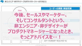 48© 2017 from scratch Co.Ltd.
非エンジニア・非デザイナープロダクトマネージャーのできること
User
BusinessTechnology
“ユーザーの課題を解決する”
“事業として継続可能”“技術的に実現可能”
• ビジネスモデル・コスト構造の理解
• 開発部署以外の課題の理解
• 市場のニーズと競合の強み・弱みの把握
• クライアントのビジネス・業務理解
ユーザーの課題・願望把握
自社の課題・願望把握
ドキュメン
テーション
問題解決
意思決定
/ファシリ
テーション
交渉
/説得 • ビジネススキルを活かしたプロジェクトの推進
• ステークスホルダーのコントロール
プロジェクトの推進
今後、セールスやマーケター、
そしてコンサルタントという、
非エンジニア・非デザイナーが
プロダクトマネージャーになったとき、
そっとアドバイスを…！
 