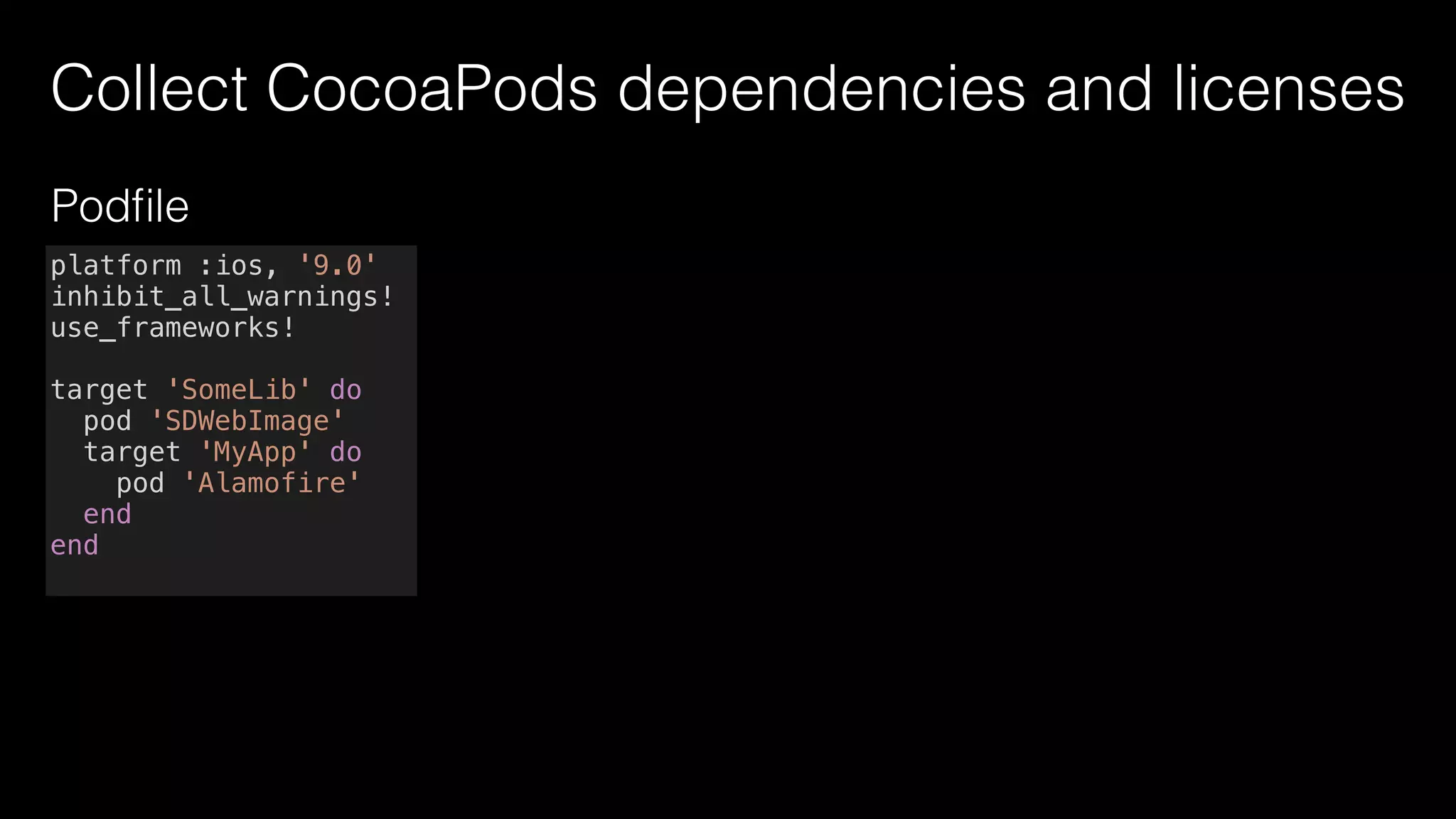 Collect CocoaPods dependencies and lienses
<?xml version="1.0" encoding="UTF-8"?>
<!DOCTYPE plist PUBLIC "-//Apple//DTD PLIST 1.0//EN" "http://www.apple.com/DTDs/PropertyList-1.0.dtd">
<plist version="1.0">
<dict>
    <key>PreferenceSpecifiers</key>
    <array>
        <dict>
            <key>FooterText</key>
            <string>This application makes use of the following third party libraries:</string>
            <key>Title</key>
            <string>Acknowledgements</string>
            <key>Type</key>
            <string>PSGroupSpecifier</string>
        </dict>
        <dict>
            <key>FooterText</key>
            <string>Copyright (c) 2016 Olivier Poitrey rs@dailymotion.com
</string>
            <key>License</key>
            <string>MIT</string>
            <key>Title</key>
            <string>SDWebImage</string>
            <key>Type</key>
            <string>PSGroupSpecifier</string>
        </dict>
        <dict>
            <key>FooterText</key>
            <string>The MIT License (MIT)
Copyright (c) 2014 Le Van Nghia
Permission is hereby granted, free of charge, to any person obtaining a copy of
this software and associated documentation files (the "Software"), to deal in
the Software without restriction, including without limitation the rights to
use, copy, modify, merge, publish, distribute, sublicense, and/or sell copies of
the Software, and to permit persons to whom the Software is furnished to do so,
subject to the following conditions:
Pods-SomeLib-MyApp-acknowledgements.plist
 