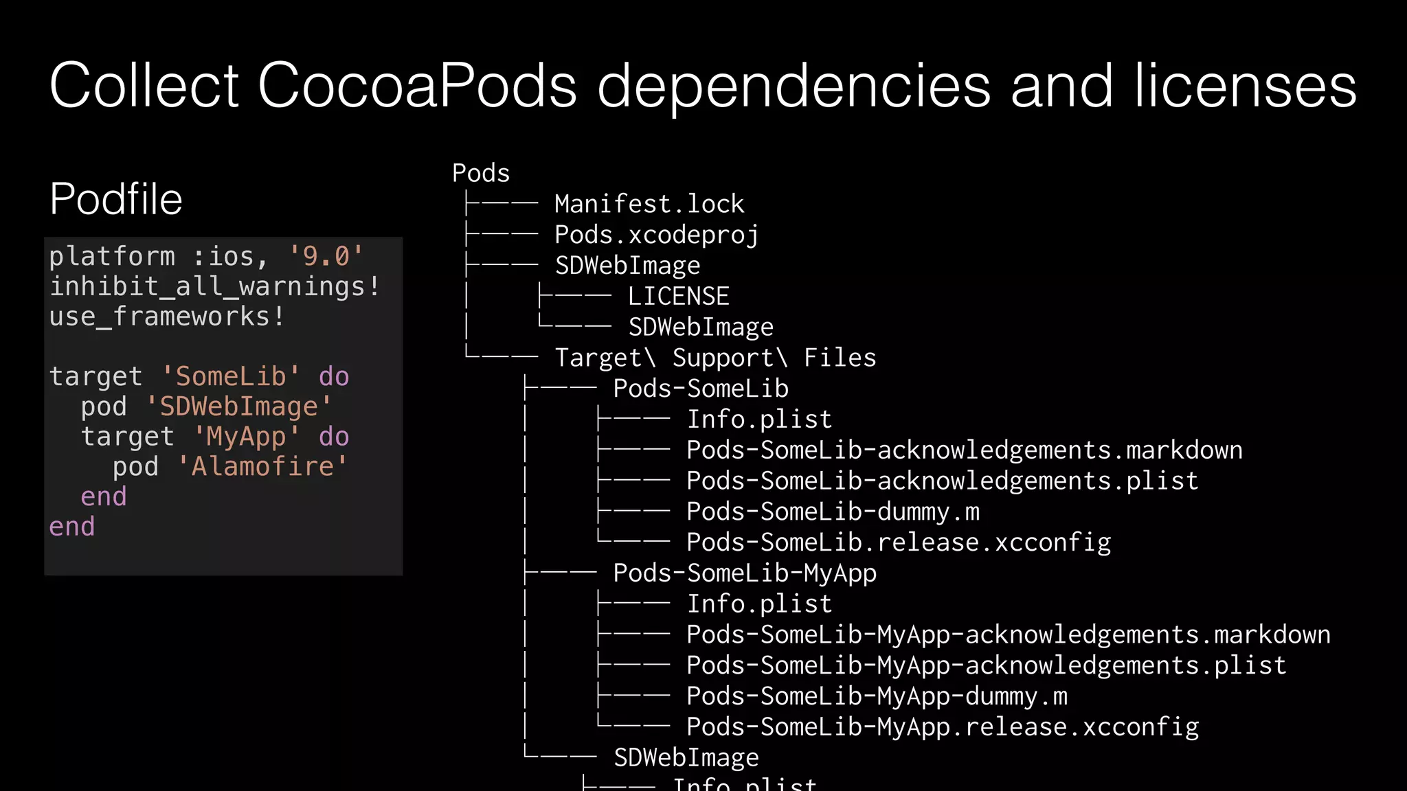 Collect CocoaPods dependencies and lienses
<?xml version="1.0" encoding="UTF-8"?>
<!DOCTYPE plist PUBLIC "-//Apple//DTD PLIST 1.0//EN" "http://www.apple.com/DTDs/PropertyList-1.0.dtd">
<plist version="1.0">
<dict>
    <key>PreferenceSpecifiers</key>
    <array>
        <dict>
            <key>FooterText</key>
            <string>This application makes use of the following third party libraries:</string>
            <key>Title</key>
            <string>Acknowledgements</string>
            <key>Type</key>
            <string>PSGroupSpecifier</string>
        </dict>
        <dict>
            <key>FooterText</key>
            <string>Copyright (c) 2016 Olivier Poitrey rs@dailymotion.com
</string>
            <key>License</key>
            <string>MIT</string>
            <key>Title</key>
            <string>SDWebImage</string>
            <key>Type</key>
            <string>PSGroupSpecifier</string>
        </dict>
        <dict>
            <key>FooterText</key>
            <string>The MIT License (MIT)
Copyright (c) 2014 Le Van Nghia
Permission is hereby granted, free of charge, to any person obtaining a copy of
this software and associated documentation files (the "Software"), to deal in
the Software without restriction, including without limitation the rights to
use, copy, modify, merge, publish, distribute, sublicense, and/or sell copies of
the Software, and to permit persons to whom the Software is furnished to do so,
subject to the following conditions:
Pods-SomeLib-MyApp-acknowledgements.plist
 
