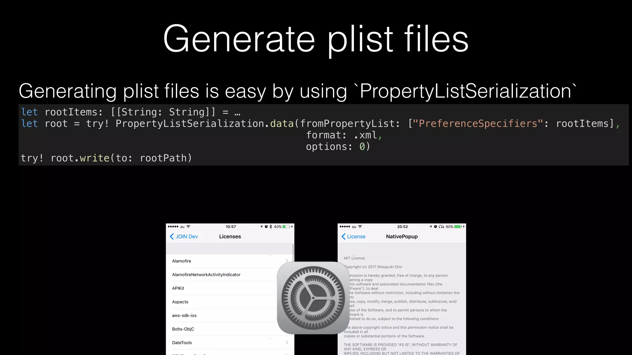 Collect GitHub libraries’ licenses
let content =
“TUlUIExpY2Vuc2UKCkNvcHlyaWdodCAoYykgMjAxNyBNYXNheXVraSBPbm8KnClBlcm1
pc3Npb24gaXMgaGVyZWJ5IGdyYW50ZWQsIGZyZWUgb2YgY2hhcmdlnLCB0byBhb…
MSVRZLCBXSEVUSEVSIElOIEFOIEFDVElPTiBPRiBDT05UUkFDnVCwgVE9SVCBPUiBPVEh
FUldJU0UsIEFSSVNJTkcgRlJPTSwKT1VUIE9GIE9SnIElOIENPTk5FQ1RJT04gV0lUSCB
USEUgU09GVFdBUkUgT1IgVEhFIFVTRSBPnUiBPVEhFUiBERUFMSU5HUyBJTiBUSEUKU09
GVFdBUkUuCg==n”
let decoded = String(data: Data(base64Encoded: content,
options: [.ignoreUnknownCharacters])!,
encoding: .utf8)!
Parse base 64 encoded `content`
`content` contains ‘n’ and so it should be ignored.
 