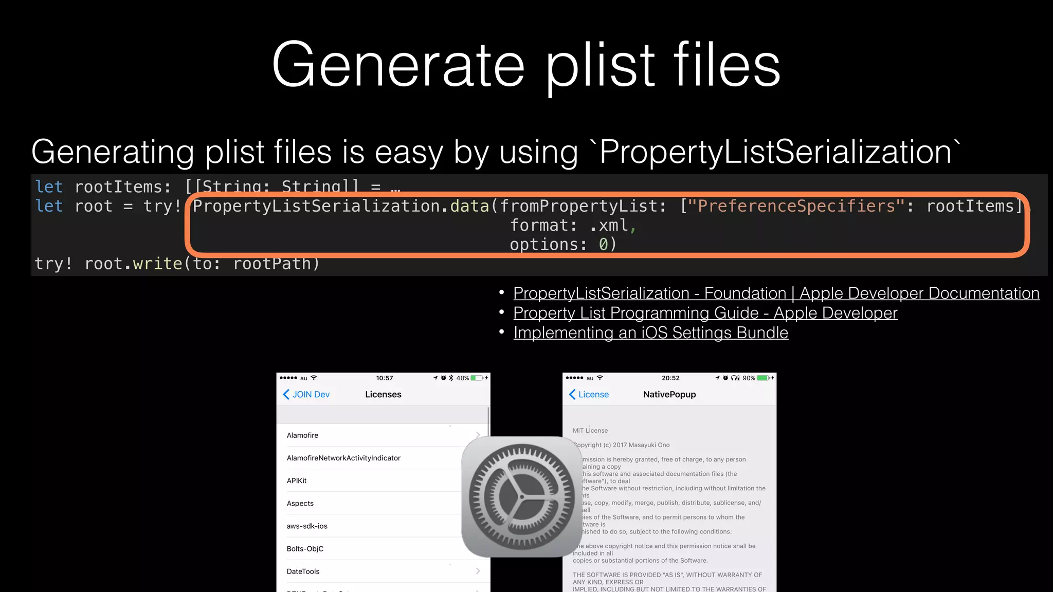 Parallel processing by using `(NS)Operation`
Collect Carthage licenses
let queue = OperationQueue()
let carthageOperations = githubLibraries.map { GitHubLicense.download($0) }
queue.addOperations(carthageOperations,
waitUntilFinished: true)
githubLicenses = carthageOperations.map { $0.result?.value }.flatMap { $0 }
 