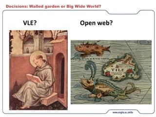 Decisions: Walled garden or Big Wide World?
VLE? Open web?
 