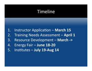 Timeline 


1.    Instructor Applica@on – March 15 
2.    Training Needs Assessment – April 1 
3.    Resource Development – March ‐> 
4.    Energy Fair – June 18‐20 
5.    Ins@tutes – July 19‐Aug 14 
 