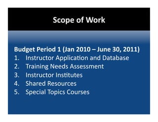 Scope of Work 


Budget Period 1 (Jan 2010 – June 30, 2011) 
1.  Instructor Applica@on and Database 
2.  Training Needs Assessment 
3.  Instructor Ins@tutes 
4.  Shared Resources 
5.  Special Topics Courses 
 