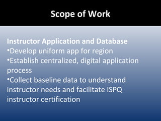Scope of Work Instructor Application and Database Develop uniform app for region Establish centralized, digital application process Collect baseline data to understand instructor needs and facilitate ISPQ instructor certification 