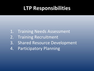 LTP Responsibilities Training Needs Assessment Training Recruitment Shared Resource Development Participatory Planning 