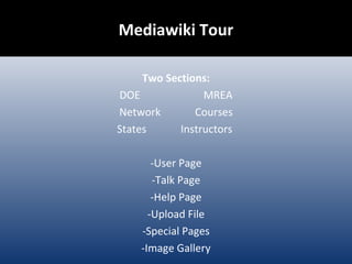 Two Sections: DOE  MREA Network  Courses States  Instructors  -User Page -Talk Page -Help Page -Upload File -Special Pages -Image Gallery Mediawiki Tour 
