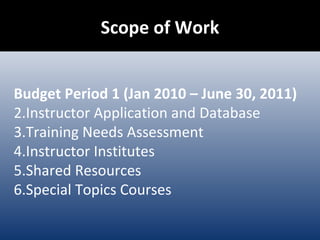 Scope of Work Budget Period 1 (Jan 2010 – June 30, 2011) Instructor Application and Database Training Needs Assessment Instructor Institutes Shared Resources Special Topics Courses 