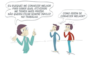 Eu busquei me conhecer melhor
para saber qual atividade
me traria mais prazer.
Não queria ficar sempre infeliz
no trabalho.
Como assim se
conhecer melhor?
 