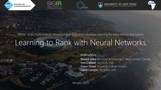 AFIRM: ACM SIGIR/SIGKDD Africa Summer School on Machine Learning for Data Mining and Search
Learning to Rank with Neural Networks
Instructors
Bhaskar Mitra, Microsoft & University College London, Canada
Nick Craswell, Microsoft, USA
Emine Yilmaz, University College London
Daniel Campos, Microsoft, USA
January 2020
 