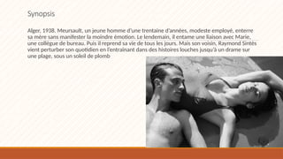 Synopsis
Alger, 1938. Meursault, un jeune homme d’une trentaine d’années, modeste employé, enterre
sa mère sans manifester...