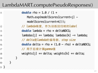 LambdaMART.computePseudoResponses()
11 double rho = 1.0 / (1 +
Math.exp(modelScores[current+j] -
modelScores[current+k]));...