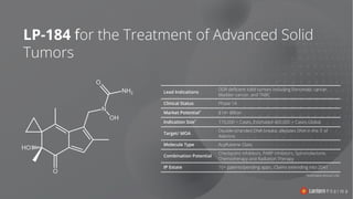 LP-184 for the Treatment of Advanced Solid
Tumors
Lead Indications
DDR deficient solid tumors including Pancreatic cancer,
Bladder cancer, and TNBC
Clinical Status Phase 1A
Market Potential* $14+ Billion
Indication Size*
170,000 + Cases, Estimated 400,000 + Cases Global
Target/ MOA
Double-stranded DNA breaks; alkylates DNA in the 3‘ of
Adenine
Molecule Type Acylfulvene Class
Combination Potential
Checkpoint inhibitors, PARP inhibitors, Spironolactone,
Chemotherapy and Radiation Therapy
IP Estate 10+ patents/pending apps., Claims extending into 2041
*Estimated Annual USA
 