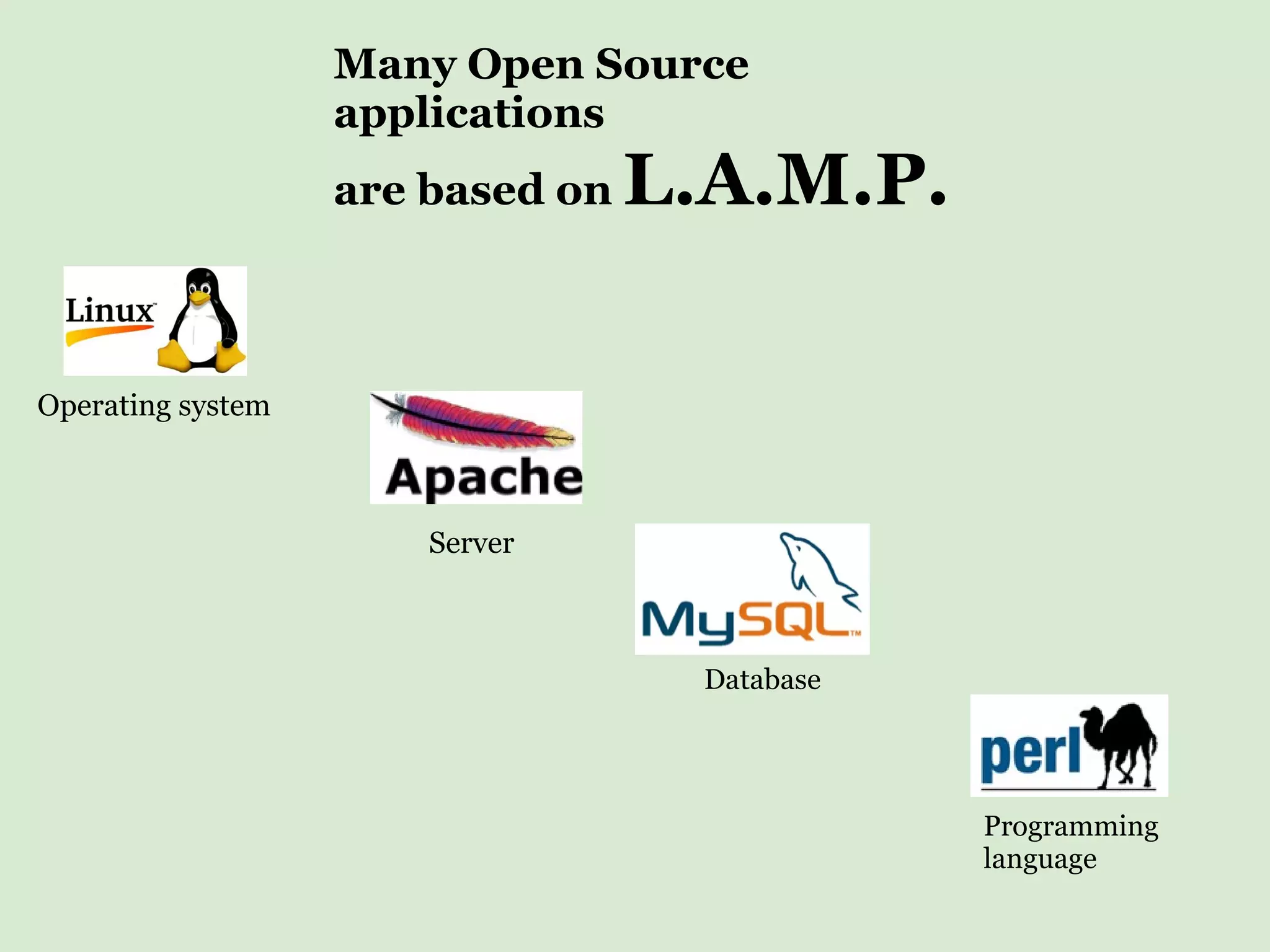 Operating system Server Database Programming language Many Open Source applications  are based on   L.A.M.P. 