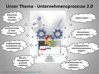 Unser Thema - Unternehmensprozesse 2.0
Dokumente
einfacher
verwalten!

Kosten senken!

Zusammenarbeit
im Team
verbessern!

Freigabeprozesse
vereinfachen und
automatisieren!

WissensManagement
praxisnah
einführen!
Locatech IT Solutions GmbH - www.locatech.com - Folie 3

Informationen
schneller finden!

Produktivität bei
Informationsprozessen
steigern!

Zusammenarbeit mit
Lieferanten
verbessern!

 