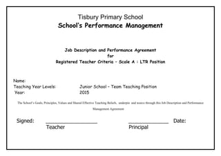 Tisbury Primary School 
School’s Performance Management 
Job Description and Performance Agreement 
for 
Registered Teacher Criteria – Scale A : LTR Position 
Name: 
Teaching Year Levels: Junior School – Team Teaching Position 
Year: 2015 
The School’s Goals, Principles, Values and Shared Effective Teaching Beliefs, underpin and weave through this Job Description and Performance Management Agreement B 
SignedE 
SSigned: __________________ ______________ Date: 
Teacher Principal 
LIEFS 
 