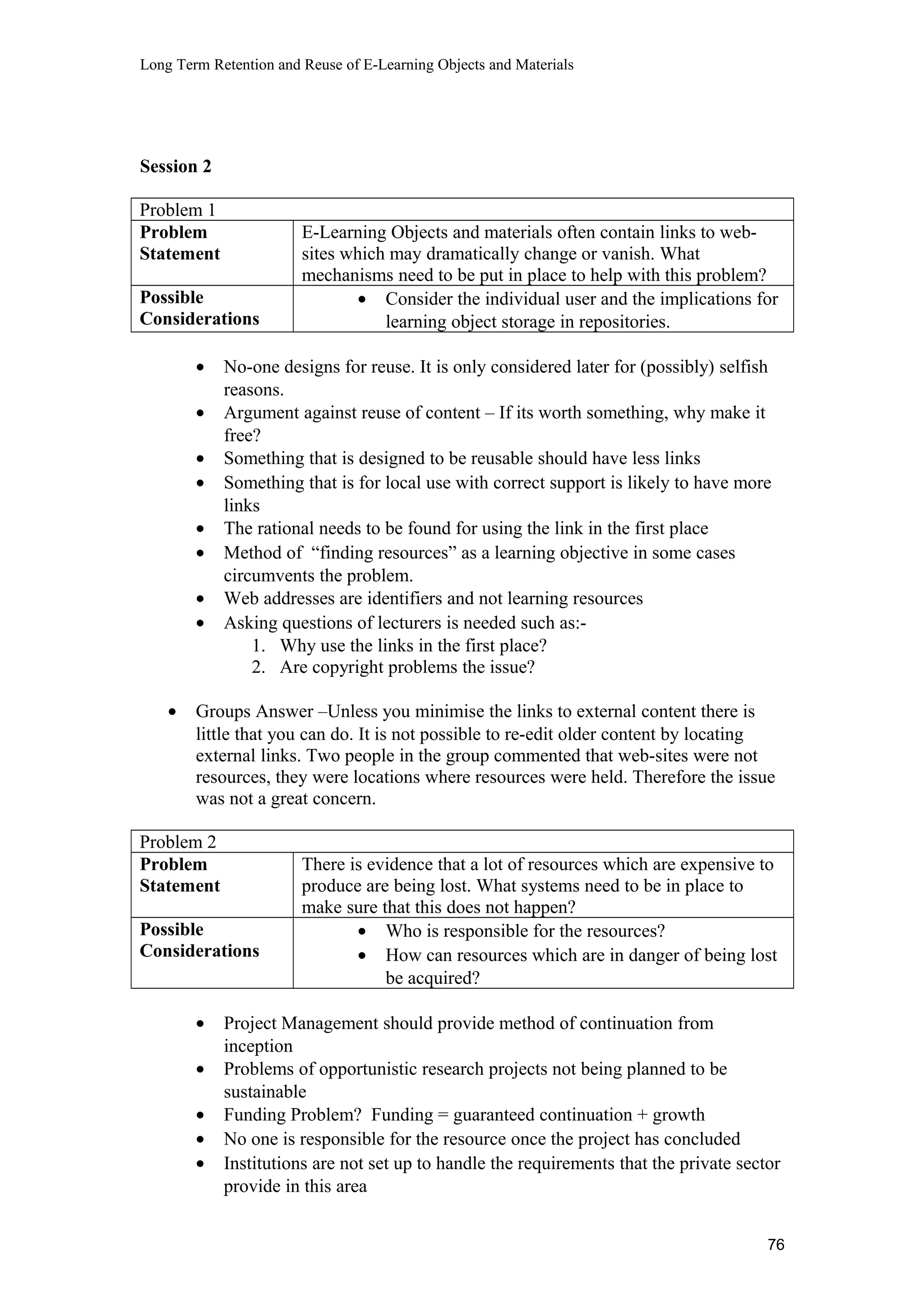 Long Term Retention and Reuse of E-Learning Objects and Materials
Session 2
Problem 1
Problem
Statement
E-Learning Objects and materials often contain links to web-
sites which may dramatically change or vanish. What
mechanisms need to be put in place to help with this problem?
Possible
Considerations
• Consider the individual user and the implications for
learning object storage in repositories.
• No-one designs for reuse. It is only considered later for (possibly) selfish
reasons.
• Argument against reuse of content – If its worth something, why make it
free?
• Something that is designed to be reusable should have less links
• Something that is for local use with correct support is likely to have more
links
• The rational needs to be found for using the link in the first place
• Method of “finding resources” as a learning objective in some cases
circumvents the problem.
• Web addresses are identifiers and not learning resources
• Asking questions of lecturers is needed such as:-
1. Why use the links in the first place?
2. Are copyright problems the issue?
• Groups Answer –Unless you minimise the links to external content there is
little that you can do. It is not possible to re-edit older content by locating
external links. Two people in the group commented that web-sites were not
resources, they were locations where resources were held. Therefore the issue
was not a great concern.
Problem 2
Problem
Statement
There is evidence that a lot of resources which are expensive to
produce are being lost. What systems need to be in place to
make sure that this does not happen?
Possible
Considerations
• Who is responsible for the resources?
• How can resources which are in danger of being lost
be acquired?
• Project Management should provide method of continuation from
inception
• Problems of opportunistic research projects not being planned to be
sustainable
• Funding Problem? Funding = guaranteed continuation + growth
• No one is responsible for the resource once the project has concluded
• Institutions are not set up to handle the requirements that the private sector
provide in this area
76
 