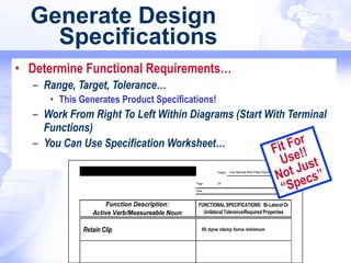Determine Functional Requirements… Range, Target, Tolerance… This Generates Product Specifications! Work From Right To Left Within Diagrams (Start With Terminal Functions) You Can Use Specification Worksheet… Generate Design Specifications Fit For  Use!! Not Just  “Specs” 