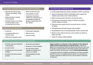 Su Hijo de 18 Meses
Área cognitiva (aprendizaje, razonamiento, resolución de problemas) Cómo puede ayudar al desarrollo de su hijo
q Sabe para qué sirven las cosas
comunes, como teléfono, cepillo,
cuchara
q Señala para llamar la atención
de otras personas
q Demuestra interés en una muñeca
o animal de peluche y hace
de cuenta que le da de comer
q Camina solo
q Jala juguetes detrás de él
mientras camina
q Puede subir las escaleras y correr
q Señala una parte del cuerpo
q Hace garabatos sin ayuda
q Puede seguir instrucciones
verbales de un solo paso que no
se acompañan de gestos; por
ejemplo, se sienta cuando se le
dice “siéntate”
q Puede ayudar a desvestirse
q Bebe de una taza
q Come con cuchara
➔ Esconda objetos debajo de las mantas y almohadas y anímelo a encontrarlos.
➔ Juegue con bloquecitos, pelotas, rompecabezas, libros y juguetes que
enseñan causa y efecto y cómo resolver problemas.
➔ Nombre las ilustraciones de los libros y las partes del cuerpo.
➔ Dele juguetes que fomentan los juegos de imitación; por ejemplo,
muñecos, teléfonos de juguete.
➔ Proporcione áreas seguras donde su hijo pueda caminar y moverse
sin peligro.
➔ Dele juguetes para que pueda empujar o jalar sin peligro.
➔ Tenga pelotas para que el niño pueda patearlas, tirarlas y hacerlas rodar.
➔ Aliente a su hijo a beber de una taza y usar la cuchara, sin importar el
reguero que haga.
➔ Juegue con burbujas y déjelo estallarlas.
Áreas motora y de desarrollo físico
q No señala cosas para mostrárselas
a otras personas
q No puede caminar
q No sabe para qué sirven las cosas
familiares
q No copia lo que hacen las demás
personas
q No aprende nuevas palabras
q No sabe por lo menos 6 palabras
q No se da cuenta ni parece
importarle si la persona que le
cuida se va a o regresa
q Pierde habilidades que había
adquirido
Reaccione pronto y hable con el doctor de su hijo si el niño:
Dígale al pediatra o la enfermera si nota cualquiera de estos signos de
posible retraso del desarrollo para la edad de su hijo, y converse con
alguien de su comunidad que conozca los servicios para niños de su área, como
por ejemplo el programa público de intervención temprana patrocinado por el
estado. Para obtener más información, consulte www.cdc.gov/preocupado.
La Academia Americana de Pediatría recomienda que se evalúe el desarrollo
general de los niños y los posibles signos de autismo en la consulta de los
18 meses. Pregúntele al médico de su hijo si hay que hacerle la evaluación
del desarrollo.
26
25 Aprenda los signos. Reaccione pronto. www.cdc.gov/pronto | 1-800-CDC-INFO
 