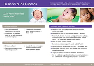Su Bebé a los 4 Meses
¿Qué hacen los bebés
a esta edad?
En cada visita médica de su hijo, hable con el pediatra sobre los indicadores
que su hijo alcanzó y cuáles son los que debería alcanzar a continuación.
Áreas social y emocional Cómo puede ayudar al desarrollo de su bebé
q Sonríe espontáneamente,
especialmente a las personas
q Le gusta jugar con la gente y
puede ser que hasta llore cuando
se terminan los juegos
q Empieza a balbucear
q Balbucea con entonación y copia
los sonidos que escucha
q Copia algunos movimientos y
gestos faciales, como sonreír o
fruncir el ceño
q Llora de diferentes maneras para
mostrar cuando tiene hambre,
siente dolor o está cansado
➔ Cargue a su bebé en brazos y háblele, hágalo con sonrisas y
demostrando alegría.
➔ Establezca una rutina fija para las horas de dormir y de comer.
➔ Preste mucha atención a las cosas que le gustan a su bebé y las que
no, así podrá saber cómo satisfacer sus necesidades de la mejor
manera y qué puede hacer para que su bebé sea feliz.
➔ Copie los sonidos que hace su bebé.
➔ Demuestre su entusiasmo y sonría cuando su bebé “habla”.
➔ Dedique momentos de tranquilidad para leerle o cantarle a su bebé.
➔ Dele juguetes adecuados para la edad del bebé, como sonajeros o
ilustraciones coloridas.
➔ Juegue por ejemplo a esconder su cara detrás de las manos.
➔ Con las medidas de seguridad adecuadas, provea oportunidades para
que su bebé pueda alcanzar juguetes y explorar lo que le rodea.
Áreas del habla y la comunicación
8
7 Aprenda los signos. Reaccione pronto. www.cdc.gov/pronto | 1-800-CDC-INFO
 