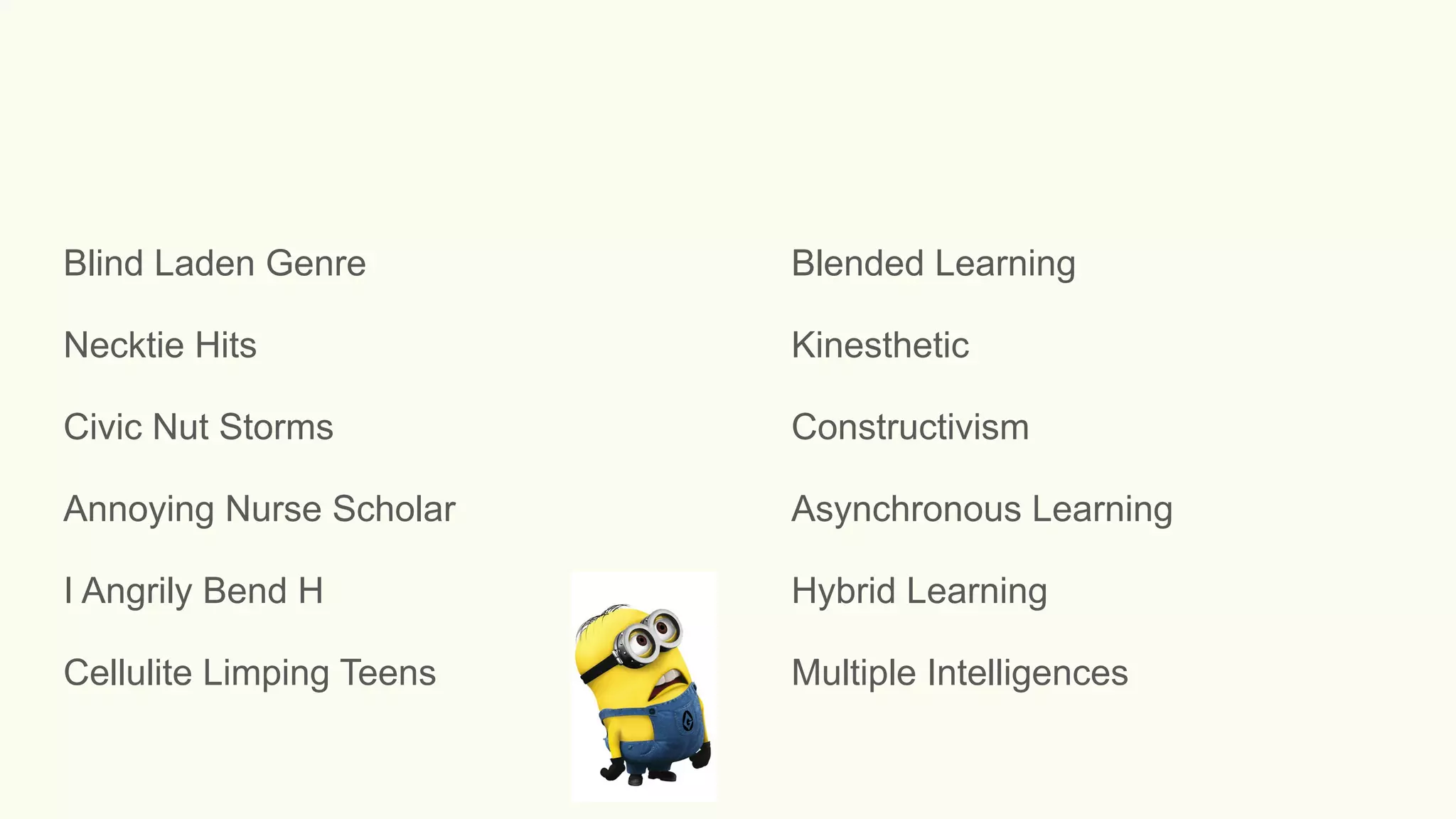 Blind Laden Genre Blended Learning
Necktie Hits Kinesthetic
Civic Nut Storms Constructivism
Annoying Nurse Scholar Asynchronous Learning
I Angrily Bend H Hybrid Learning
Cellulite Limping Teens Multiple Intelligences
 