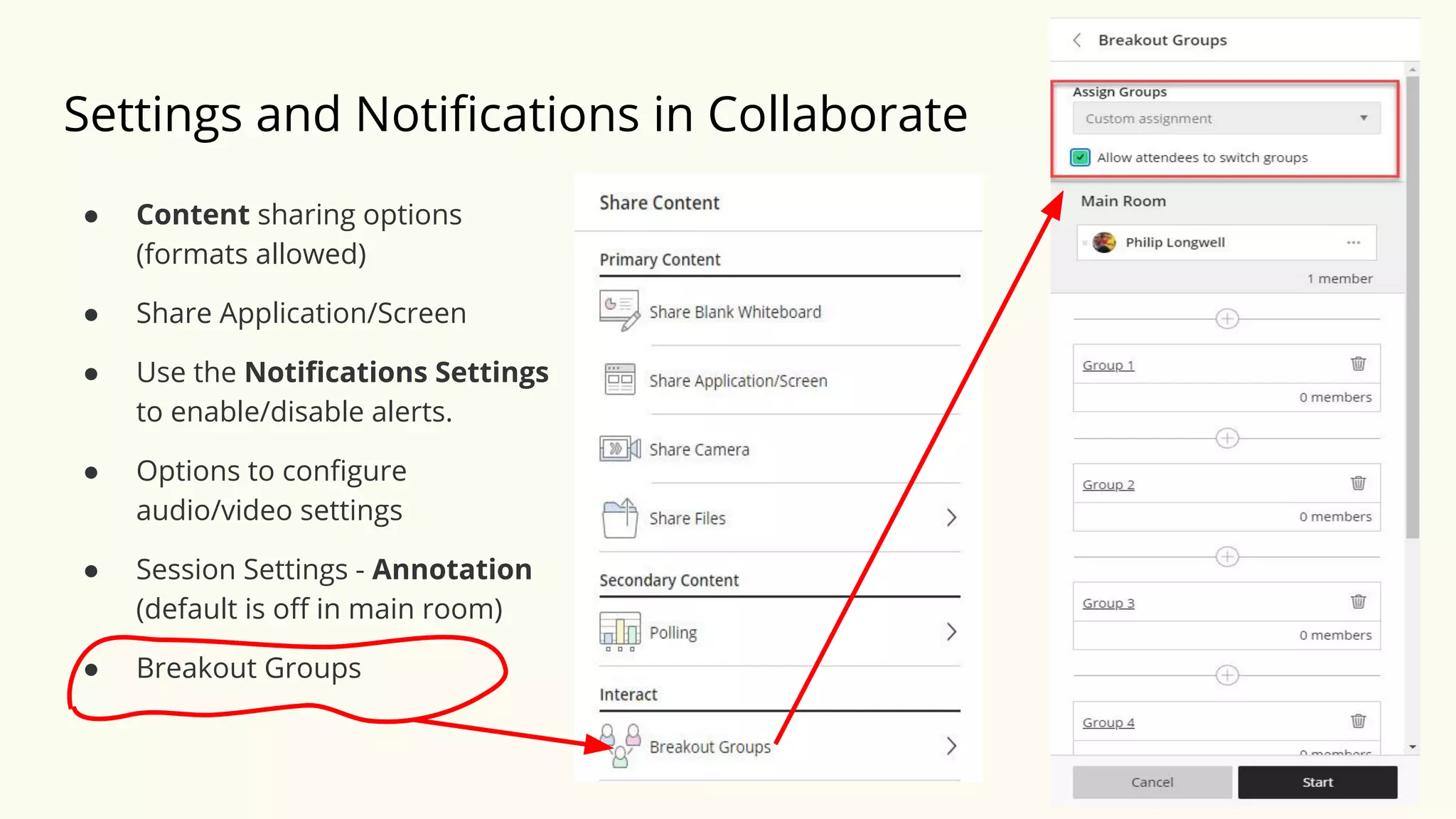 Settings and Notiﬁcations in Collaborate
● Content sharing options
(formats allowed)
● Share Application/Screen
● Use the Notiﬁcations Settings
to enable/disable alerts.
● Options to conﬁgure
audio/video settings
● Session Settings - Annotation
(default is oﬀ in main room)
● Breakout Groups
 