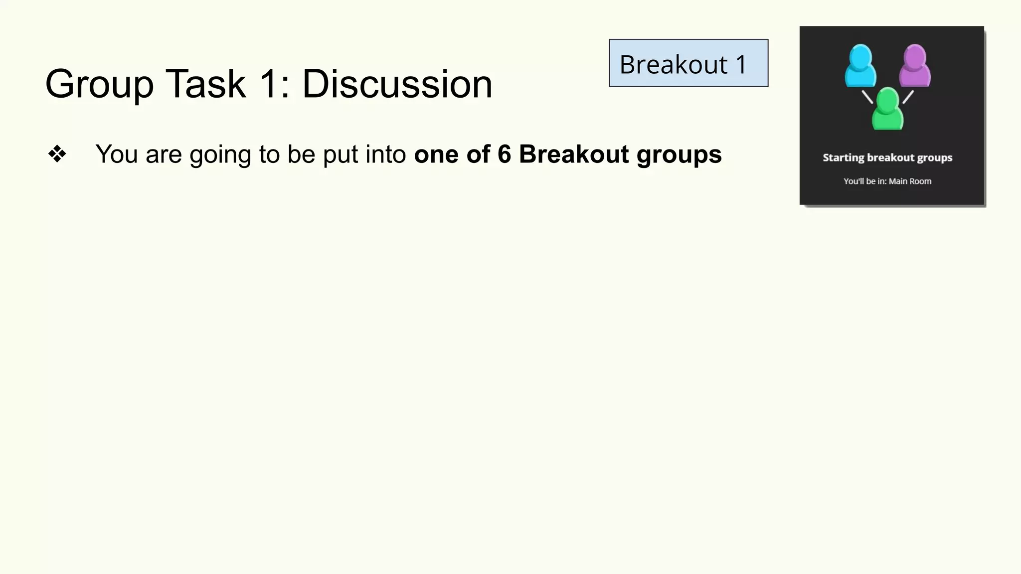Group Task 1: Discussion
❖ You are going to be put into one of 6 Breakout groups
Breakout 1
 