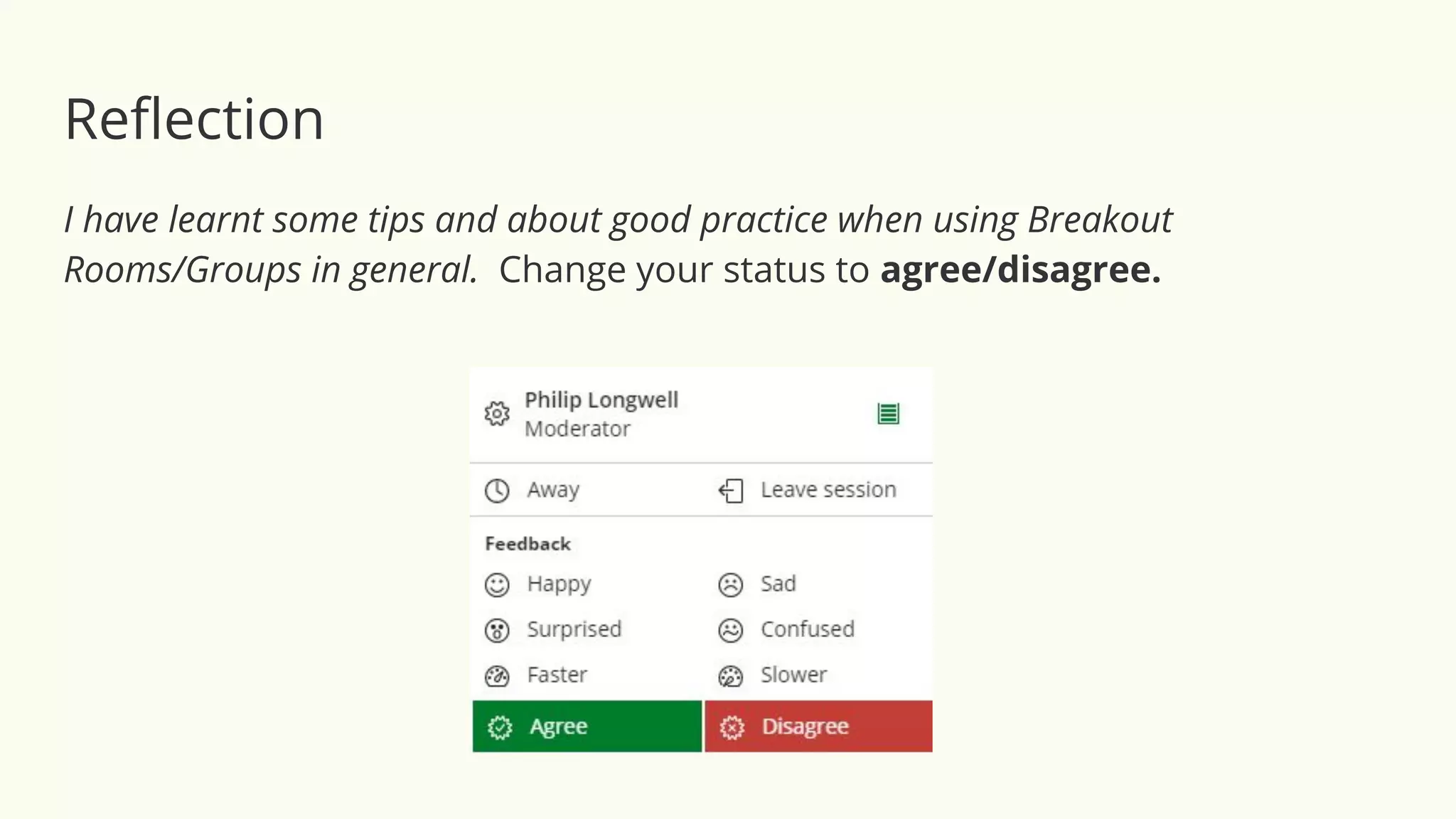 Reﬂection
I have learnt some tips and about good practice when using Breakout
Rooms/Groups in general. Change your status to agree/disagree.
 